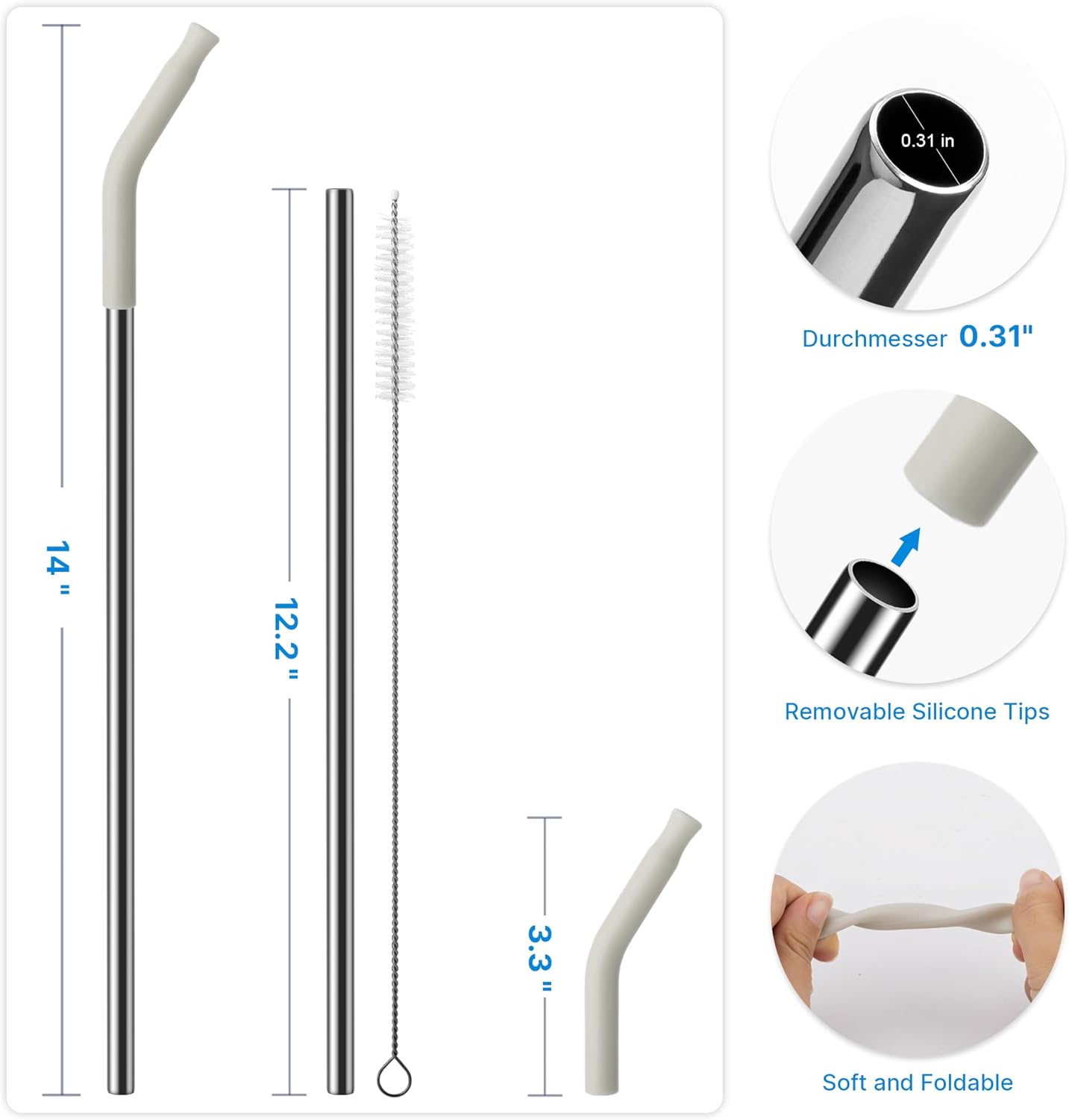 Skiennix Metal Straw Set - Silicone Tip & Stainless Steel for 40oz Stanley Cup | 2 Straws + Brush (Cream Grey)