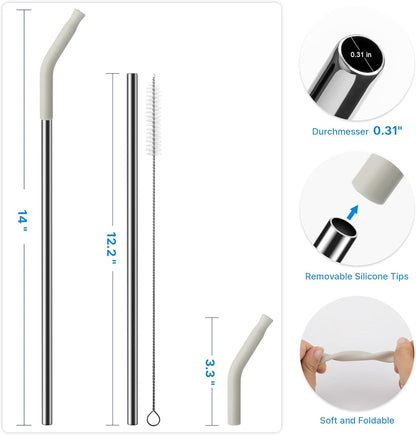 Skiennix Metal Straw Set - Silicone Tip & Stainless Steel for 40oz Stanley Cup | 2 Straws + Brush (Cream Grey)