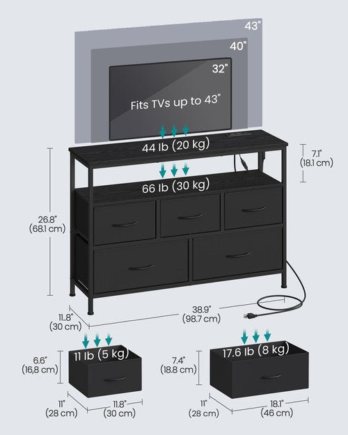 SONGMICS BELLAH Collection - Dresser for Bedroom with App-Controlled LED Lights and Charging Station, Chest of Drawers, TV Stand, 5 Drawers, Shelf, Modern, Ink Black ULGS723BH02S