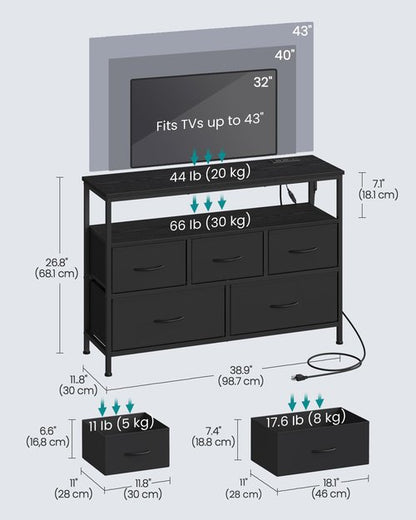 SONGMICS BELLAH Collection - Dresser for Bedroom with App-Controlled LED Lights and Charging Station, Chest of Drawers, TV Stand, 5 Drawers, Shelf, Modern, Ink Black ULGS723BH02S