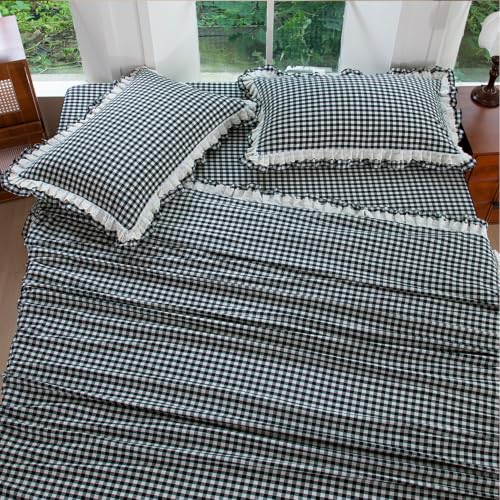 Queen Size Washed Cotton Sheet Set with Gingham Ruffle - Black & White