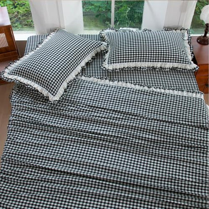 Queen Size Washed Cotton Sheet Set with Gingham Ruffle - Black & White