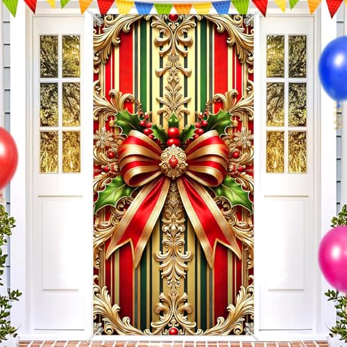 Christmas Door Cover Bow Red Gold 35x70 Inch Polyester Seasonal Decor