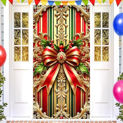 Christmas Door Cover Bow Red Gold 35x70 Inch Polyester Seasonal Decor