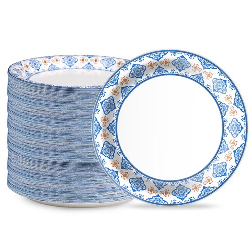 EggSun 10 Inch Blue Floral Paper Plates, 150pcs Large Disposable Plates, Heavy Duty Flower Plate Tableware for Party, Daily Use, Soak Food,Cut Food, Family Gathering, Dinner Time Birthday Wedding