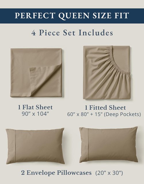 LANE LINEN 100% Organic Cotton Sheets Set - Pure Long-Staple Percale Weave | Queen Size, Taupe, Fits Mattresses Up to 15" Deep