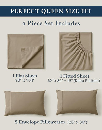 LANE LINEN 100% Organic Cotton Sheets Set - Pure Long-Staple Percale Weave | Queen Size, Taupe, Fits Mattresses Up to 15" Deep