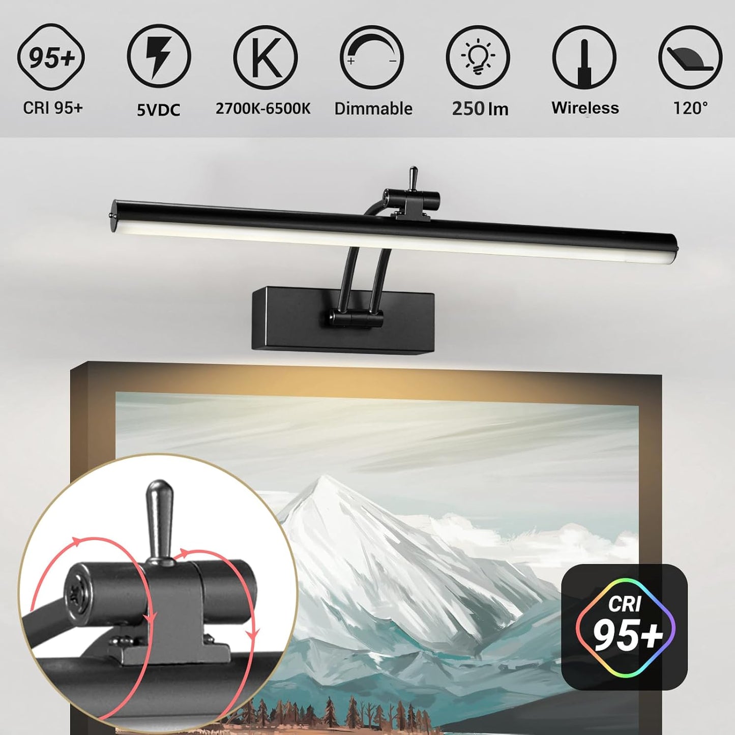 Yuichoy Picture Lights - 12 Inch Wireless Battery Operated Art Lighting | Dimmable, Remote Control, 6 Colors