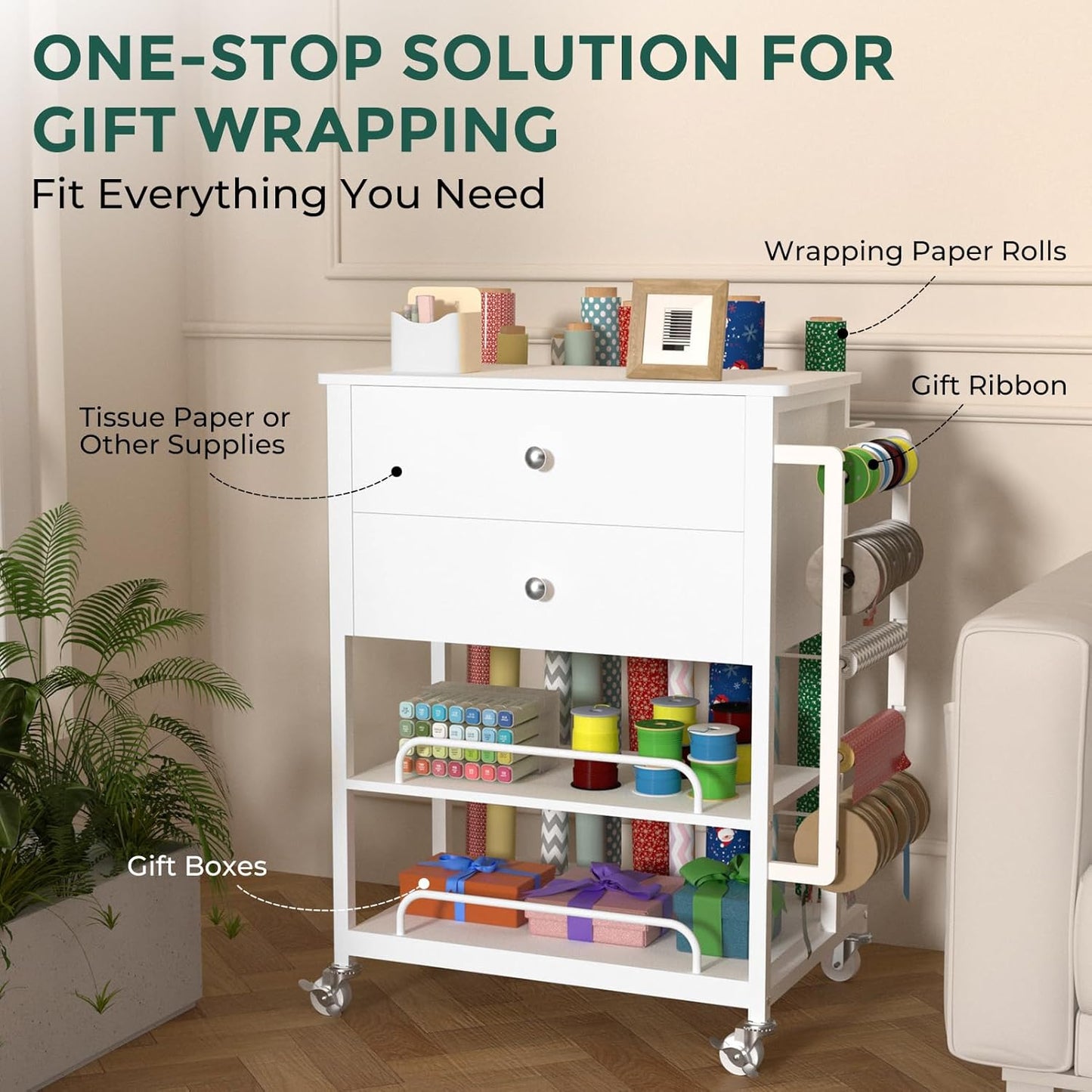 Skiennix Wrapping Paper Organizer - Craft Cart with Ribbon & Gift Bag Storage | 2 Wooden Drawers, White