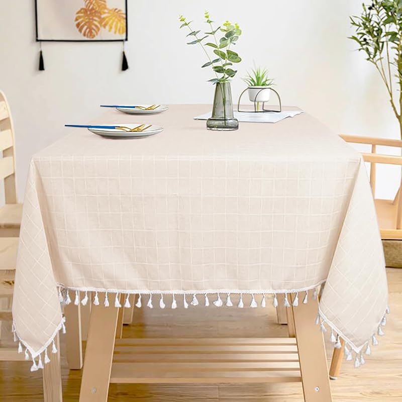 Champagne Checkered Cotton Tablecloth 55x55in with Tassels - Wrinkle-Resistant Linen Overlay