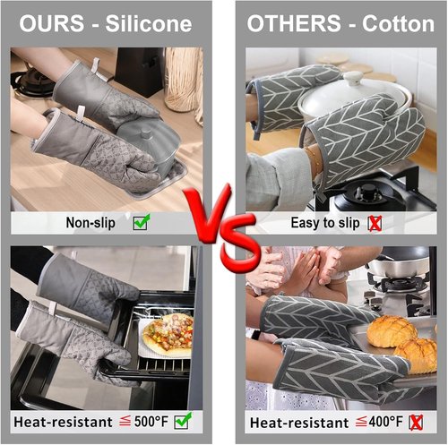 KEGOUU High Heat Resistant Oven Mitts & Pot Holders Set - Extra Long, Non-Slip Silicone, Grey