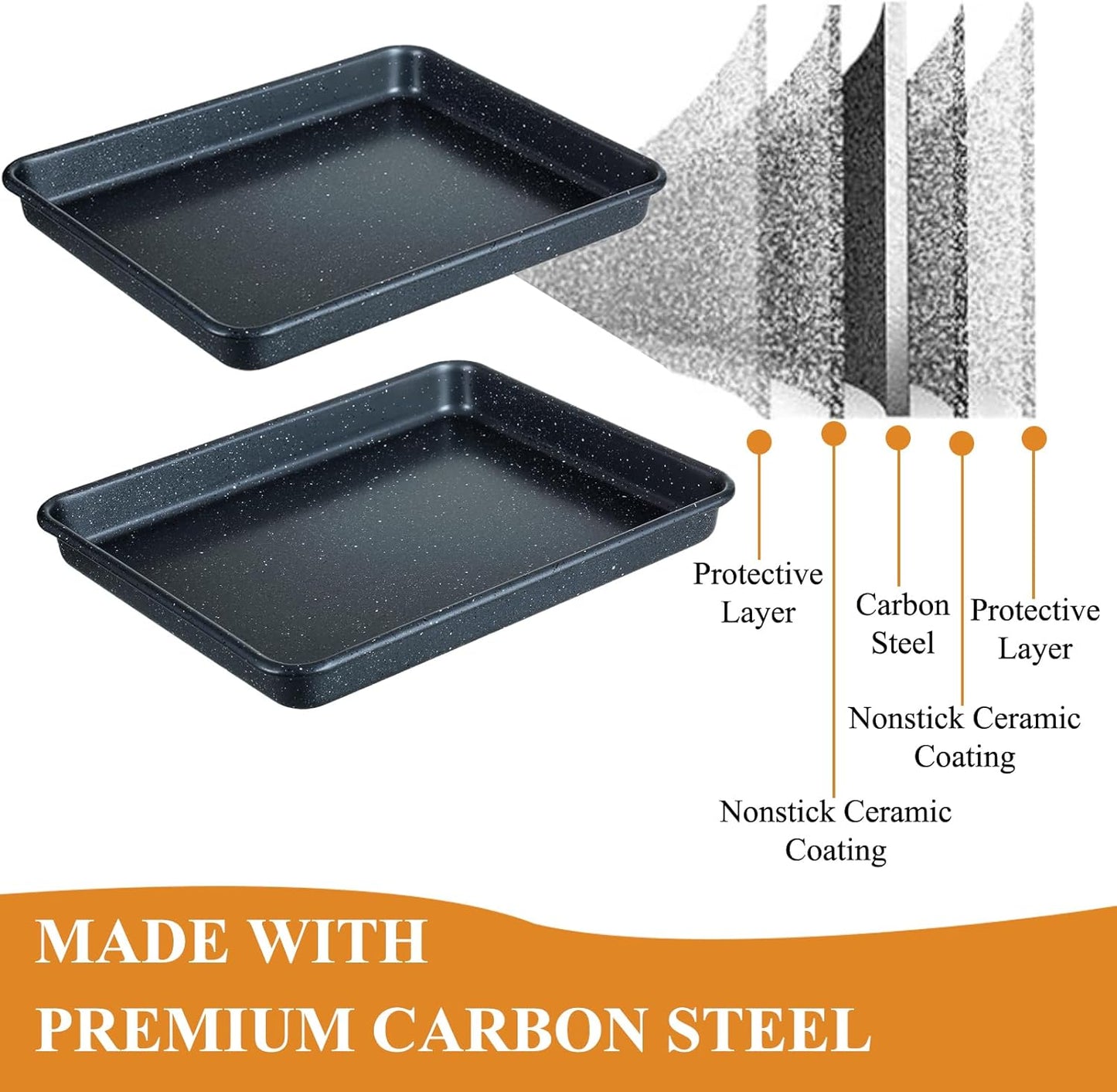 Walooza Nonstick Baking Sheets Set of 2 - Heavy Duty Carbon Steel Cookie Trays, 11x9 Inch, Easy Clean