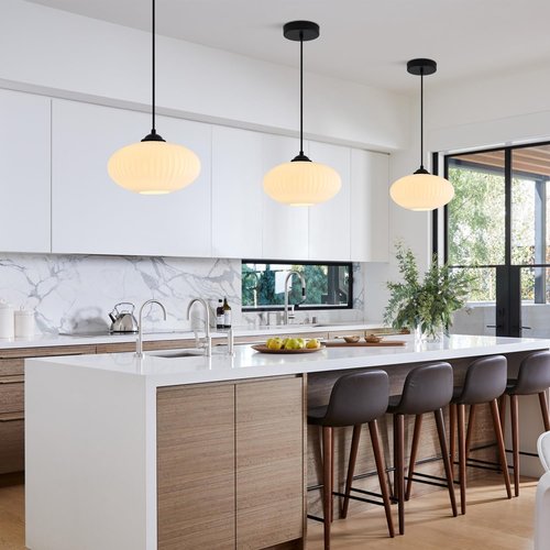 KCO Lighting Large Milk Glass Pendant Light Black and White Pendant Light Mid Century Modern Hanging Ceiling Light Fixture Industrial Farmhouse Pendant Lights Kitchen Island