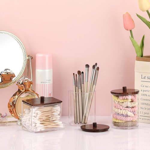 Hipiwe Acrylic Cotton Ball Holder - Clear Qtip Canister with Lid | Bathroom Makeup Organizer - 3 Pack