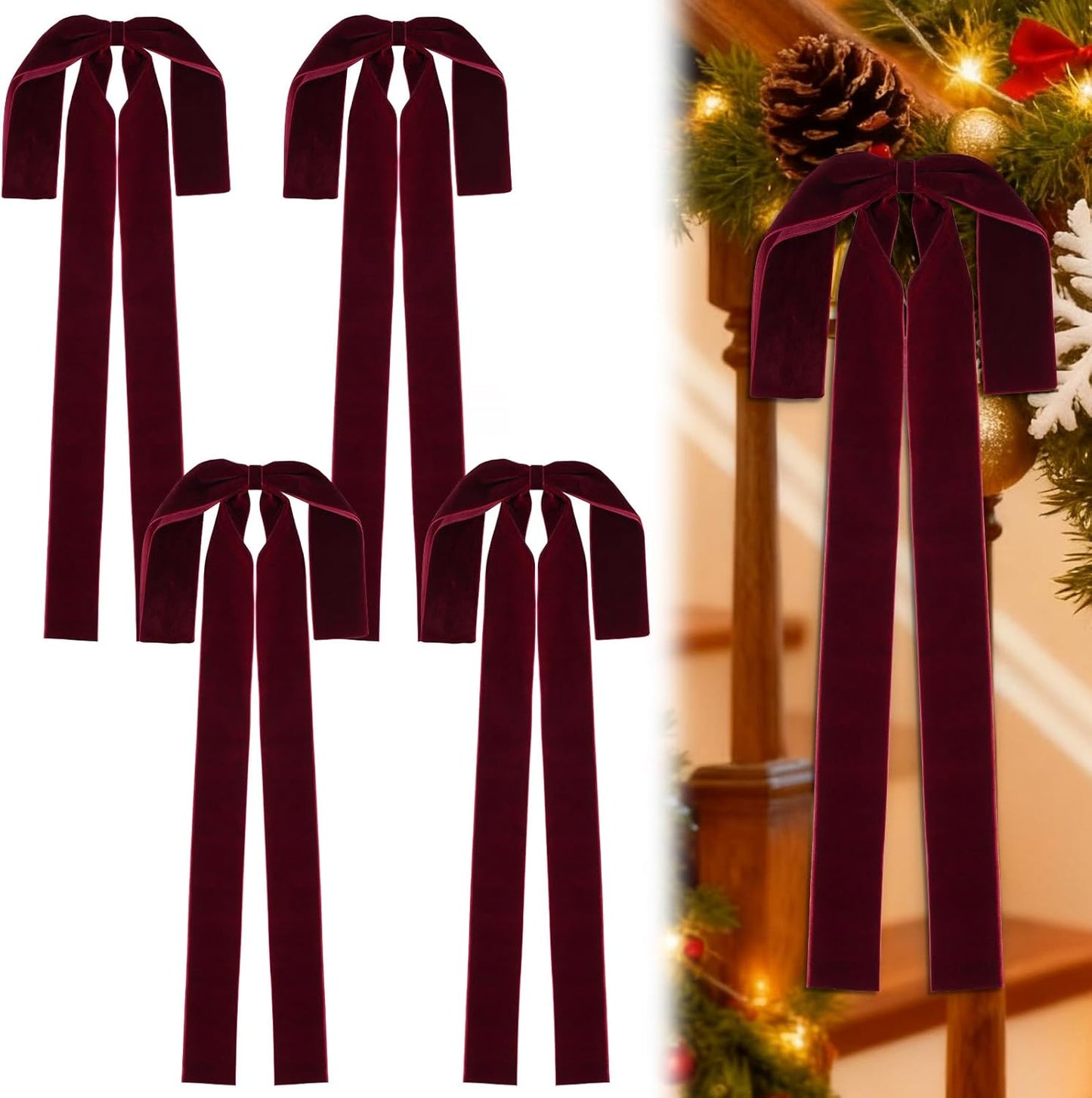 Regine Switzerland Large Burgundy Velvet Christmas Bows - 12"x17" Pre-Tied for Tree, Mantel & Door Decor