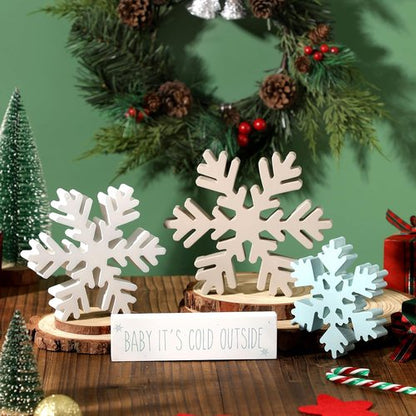 KORMMCO Christmas Snowflake Decor - White Wooden Table Signs | Winter Tiered Tray Decorations (4 Pieces)