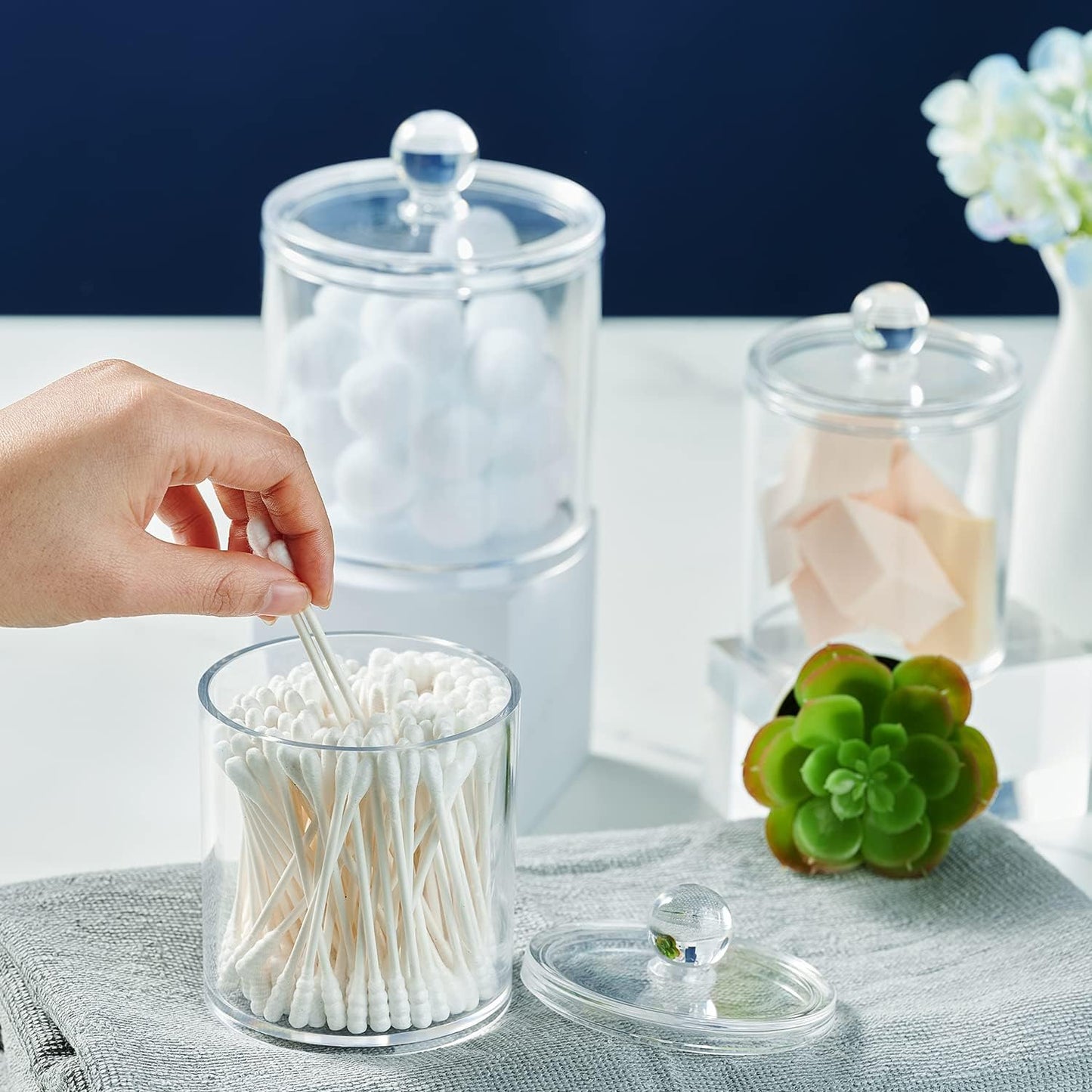 SheeChung Clear Acrylic Qtip Holder - Shatterproof Bathroom Organizer Canister for Cotton Swabs & Balls