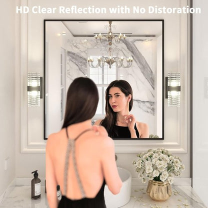 LOAAO Black Rectangle Bathroom Mirror - 36" x 36" Matte Black Aluminum Frame, Tempered Glass, Versatile Hanging Options