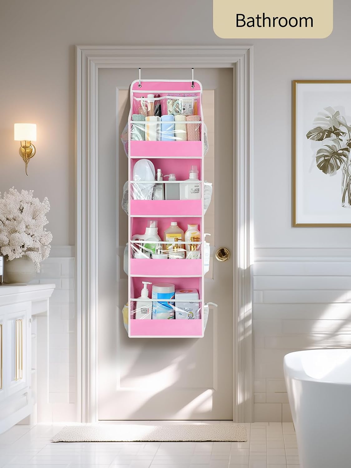 Yecaye 5-Tier Over The Door Organizer - Swing-Proof Hanging Storage with Clear PVC Windows | Bubblegum Pink