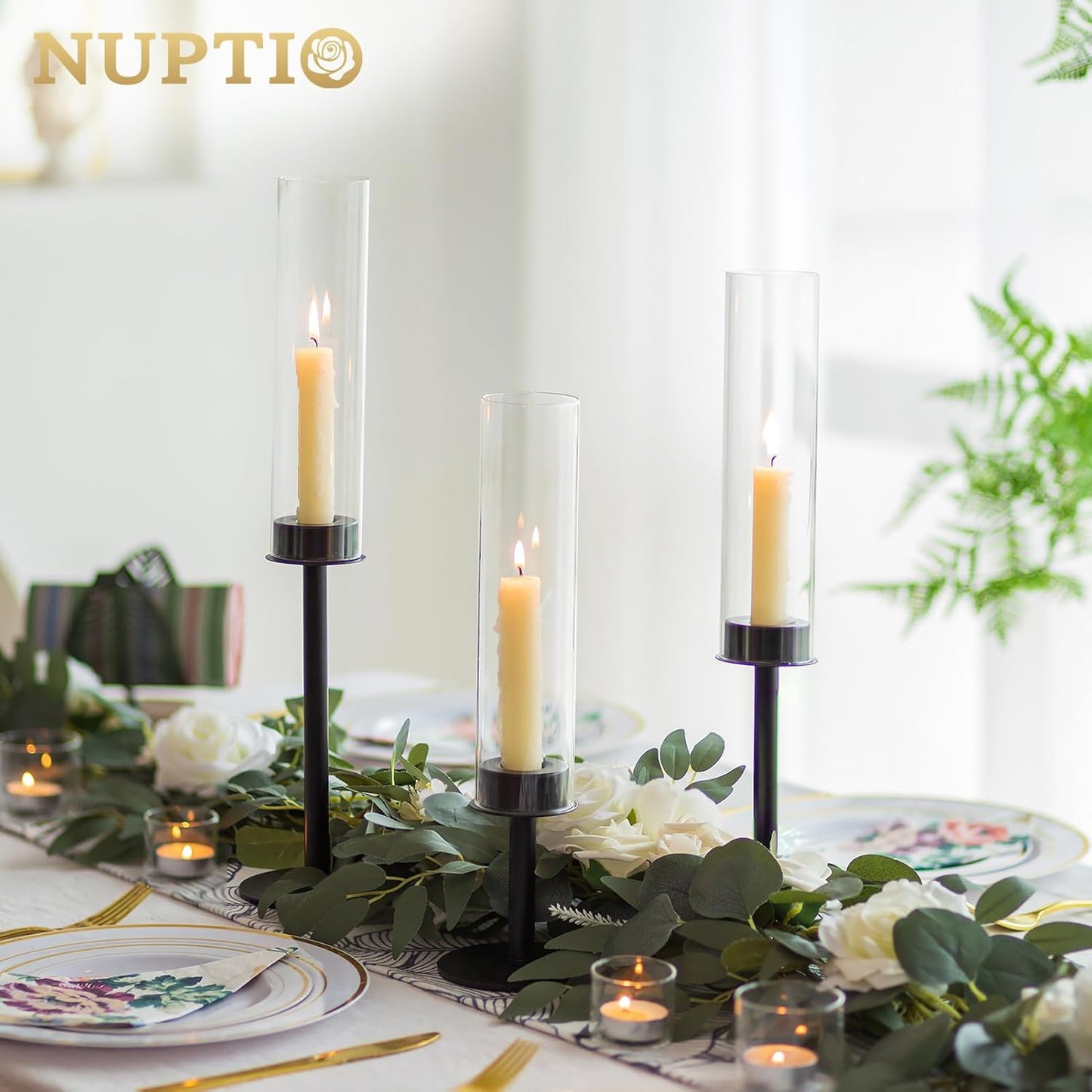 NUPTIO Black Candlestick Holders - Set of 3 Hurricane Taper Holders with Windproof Glass Cover for Elegant Table Decor
