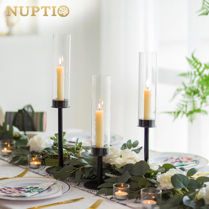 NUPTIO Black Candlestick Holders - Set of 3 Hurricane Taper Holders with Windproof Glass Cover for Elegant Table Decor