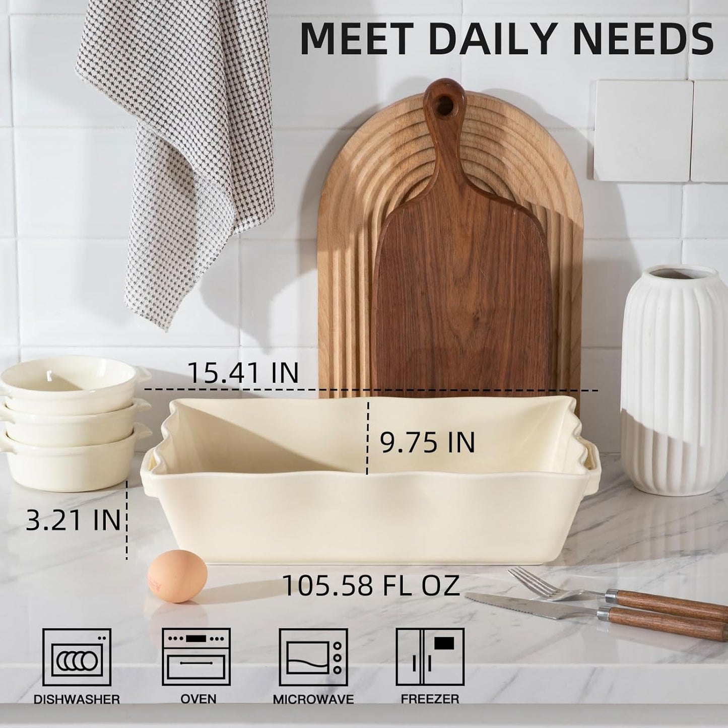Sweejar Casserole Dishes - Ceramic 9x13 Baking Dish with Handles | Wave Edge Design for Roasting & Baking (Beige)