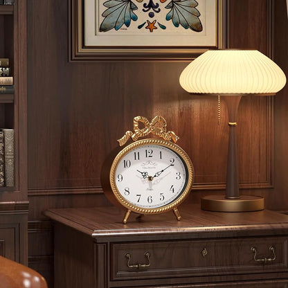 Vintage Table Clock with Bow - Gold Boho French Style, 9.45" H x 8.3" W, 2.16" D (Variation: Gold)