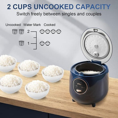 Bear Mini Rice Cooker - 2 Cups Uncooked, 1.2L Portable Non-Stick Design, BPA Free, One-Button Operation - Blue