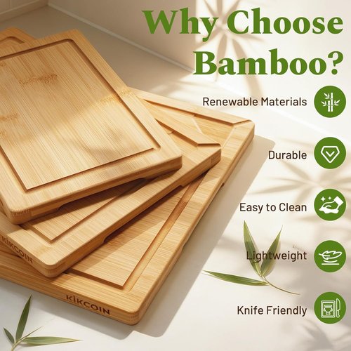 Kikcoin Bamboo Cutting Boards - 3-Piece Kitchen Set with Non-Slip Feet & Juice Grooves | Knife-Friendly Design
