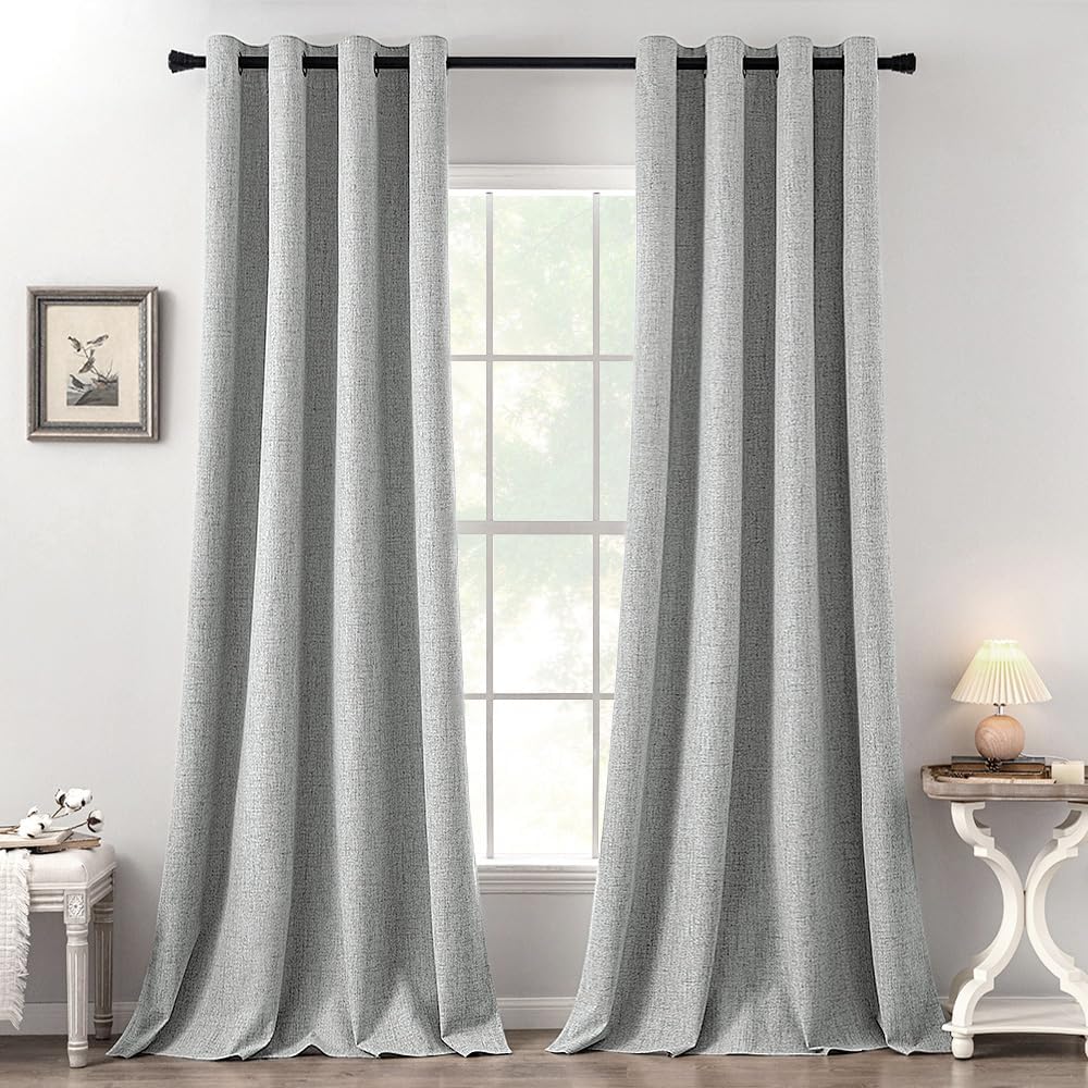 MIULEE 100% Blackout Linen Curtains - Thermal Insulated Room Darkening Drapes | Glacier Gray, 52 x 108 Inch (2 Panels)