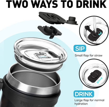 TOURIT 40 oz Insulated Tumbler - Handle & Straw with 3-in-1 Sip Lid | Keeps Drinks Cold for 34H or Hot for 10H - Black