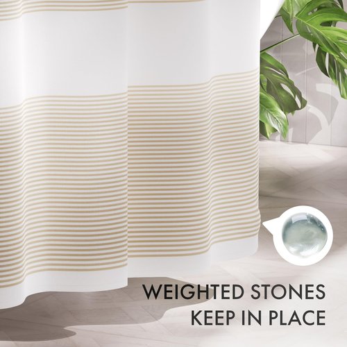 AmazerBath Shower Curtain, 72x72 Washable Cloth Neutral Light Tan Shower Curtain with 12 Hooks, Fabric Khaki and White Striped Set, Farmhouse Bathroom Shower Curtain