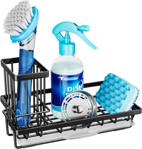 Consumest Sponge Holder - Kitchen Sink Caddy Organizer with Removable Drip Tray | 304 Stainless Steel - Black