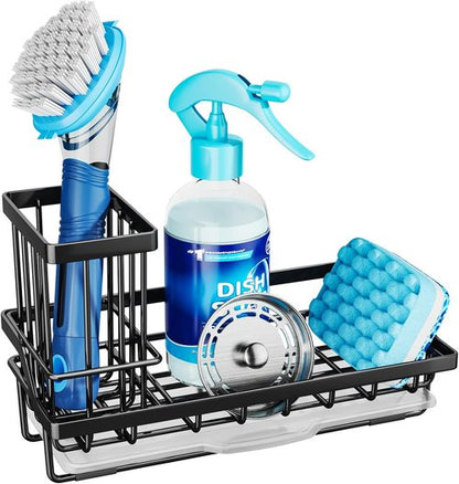 Consumest Sponge Holder - Kitchen Sink Caddy Organizer with Removable Drip Tray | 304 Stainless Steel - Black