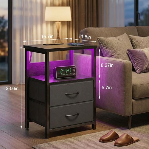 Fixwal Night Stand - LED Nightstand with Charging Station & USB Ports, Modern Black with 2 Drawers