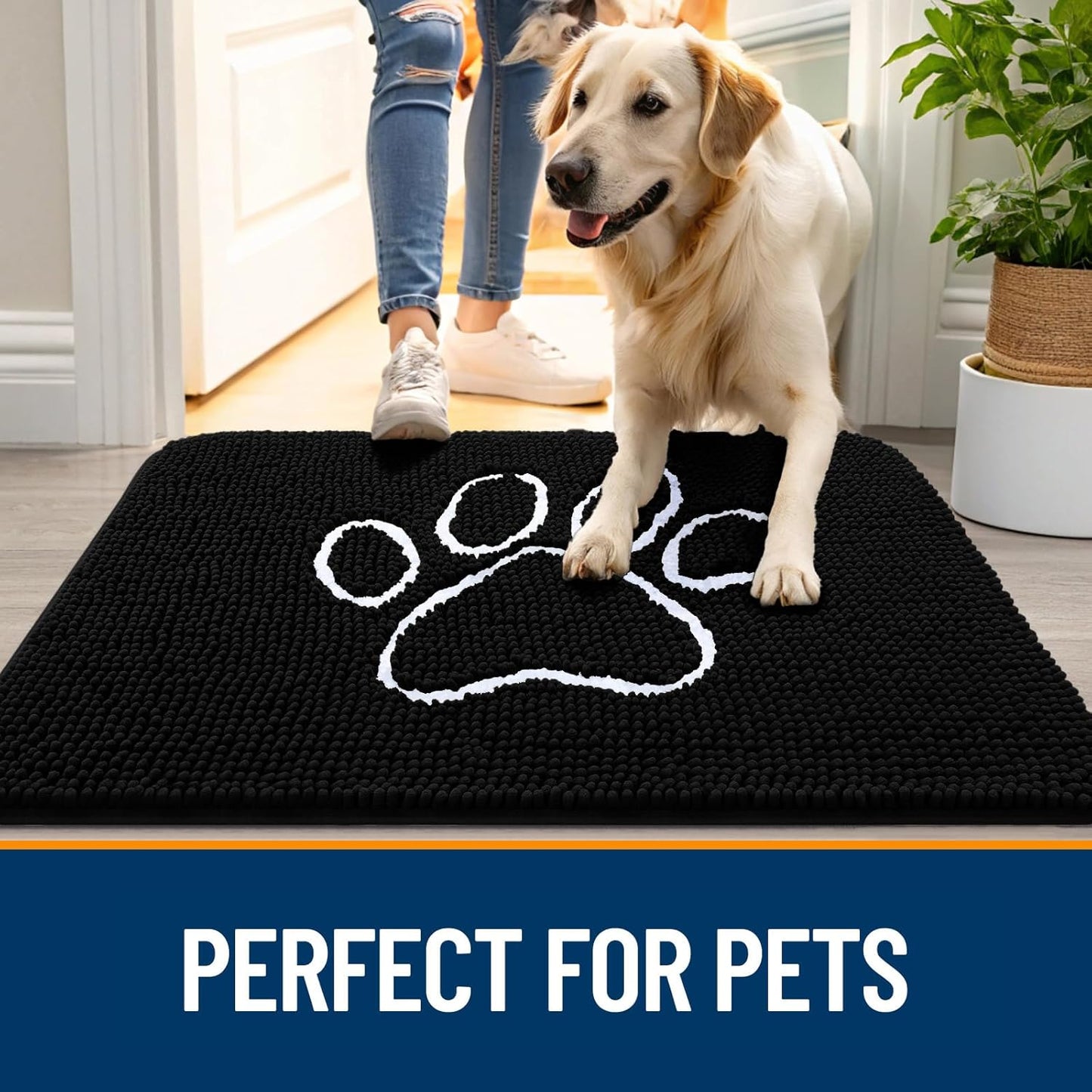 OLANLY Dog Door Mat - Absorbent Non-Slip Mud Mat for Paws | 45x27 Inches, Quick Dry Chenille, Black