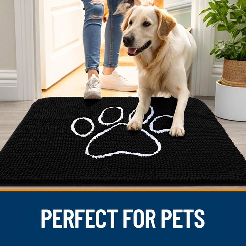 OLANLY Dog Door Mat for Muddy Paws 30x20, Paw Print Design, Absorbs Moisture and Dirt, Absorbent Non-Slip Washable Doormat, Quick Dry Chenille Mud Mat for Dogs, Entry Indoor Entryway Carpet, Black