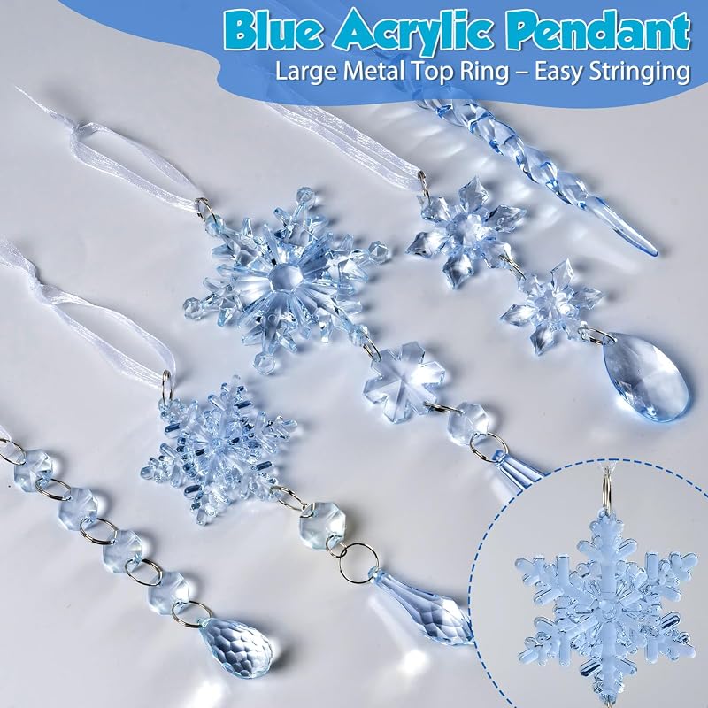 Blue Acrylic Snowflake Ornament + 36 Pcs — Crystal Icicle Holiday Decorations for Christmas Tree