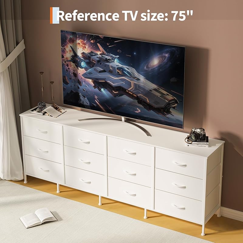 12-Drawer Long Fabric Dresser Wide Storage Chest TV Stand - White