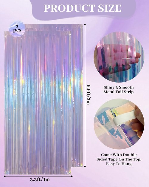 Iridescent Purple Party Streamers - 2 Pack Neon Holographic Tinsel Backdrop | 3.31 x 6.6 ft for Events