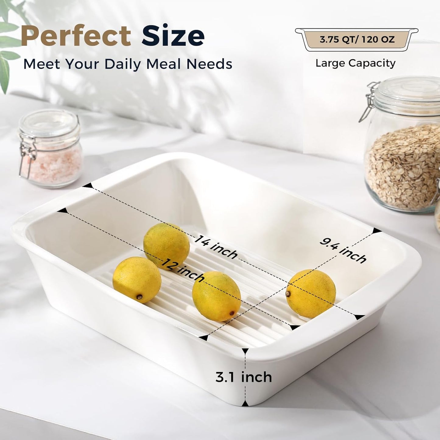 Skiennix 9x13 Baking Dish Set of 2 - Deep 3.75 Qt Porcelain Casserole Dish with Handles | Oven & Microwave Safe, White