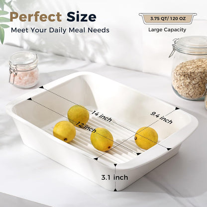 Skiennix 9x13 Baking Dish Set of 2 - Deep 3.75 Qt Porcelain Casserole Dish with Handles | Oven & Microwave Safe, White
