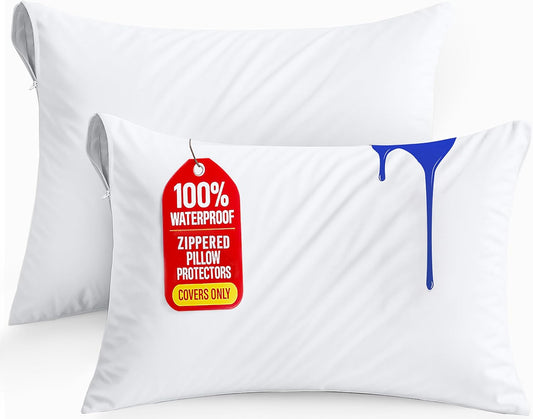 Utopia Bedding Pillow Protectors - Set of 2 Queen Size, Waterproof & Bed Bug Proof Encasements (White)