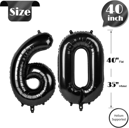 Black Number 60 Balloon - 40 Inch Giant Foil Balloon for 60th Birthday Party Decorations