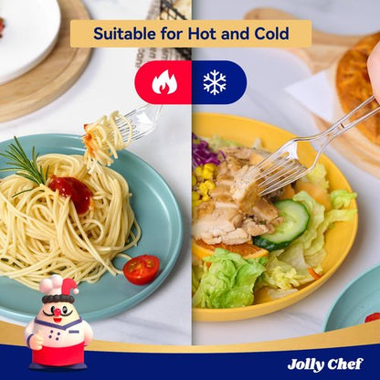 JOLLY CHEF 300 Count Clear Plastic Forks Heavy Duty, 7.1" Heat Resistant Solid and Durable Plastic Forks Disposable, Disposable Bulk Cutlery Suitable for Parties Supply Events Everyday Use