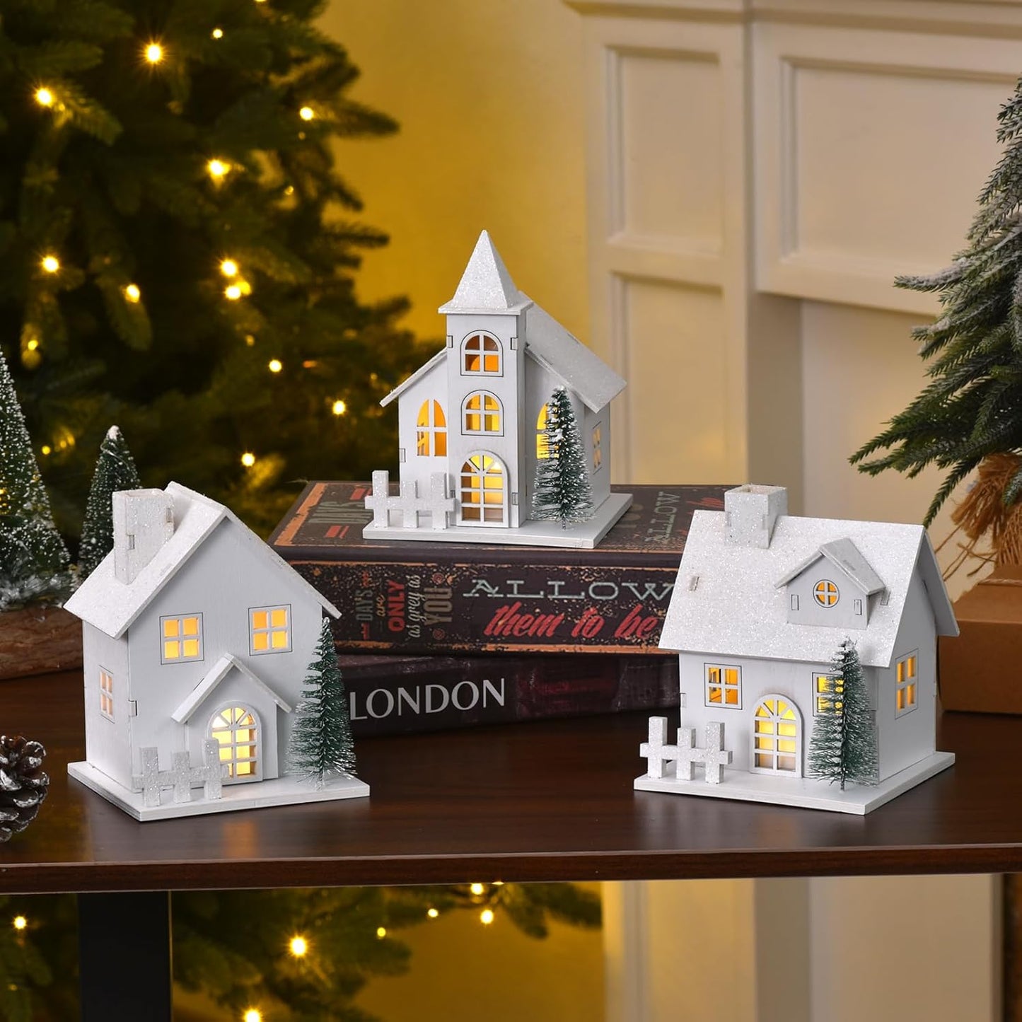 Regine Switzerland Christmas Village Set - 3 White Xmas Houses with Remote-Control LED Candles | Indoor Table Decor