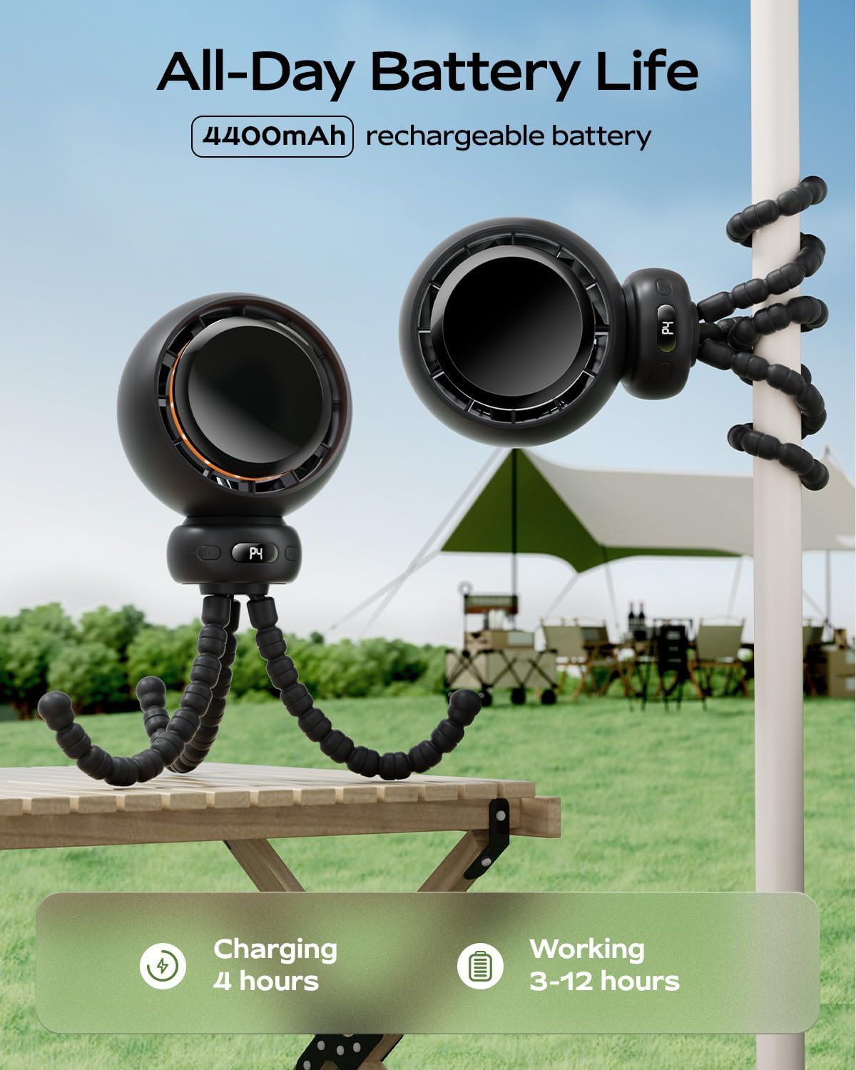 Mini Portable Stroller Fan - USB-C Rechargeable, 60° Auto Oscillation, 4 Speeds, Night Light & Flexible Tripod (Black)