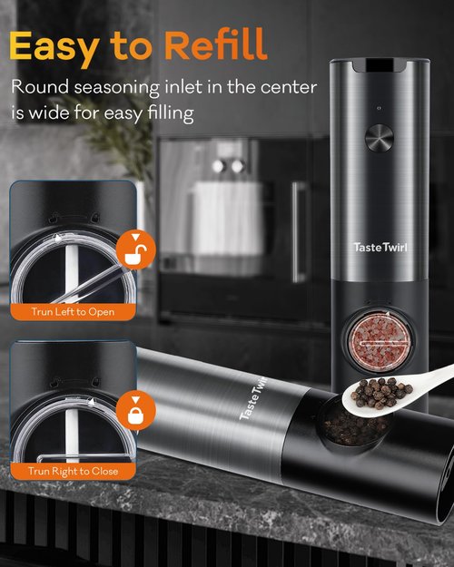 Electric Salt and Pepper Grinder Set, Upgraded USB Rechargeable Stand, Automatic Salt and Pepper Grinder Set, Salt and Pepper Shakers Refillable, One Hand Operation, Adjustable Coarseness, LED Light