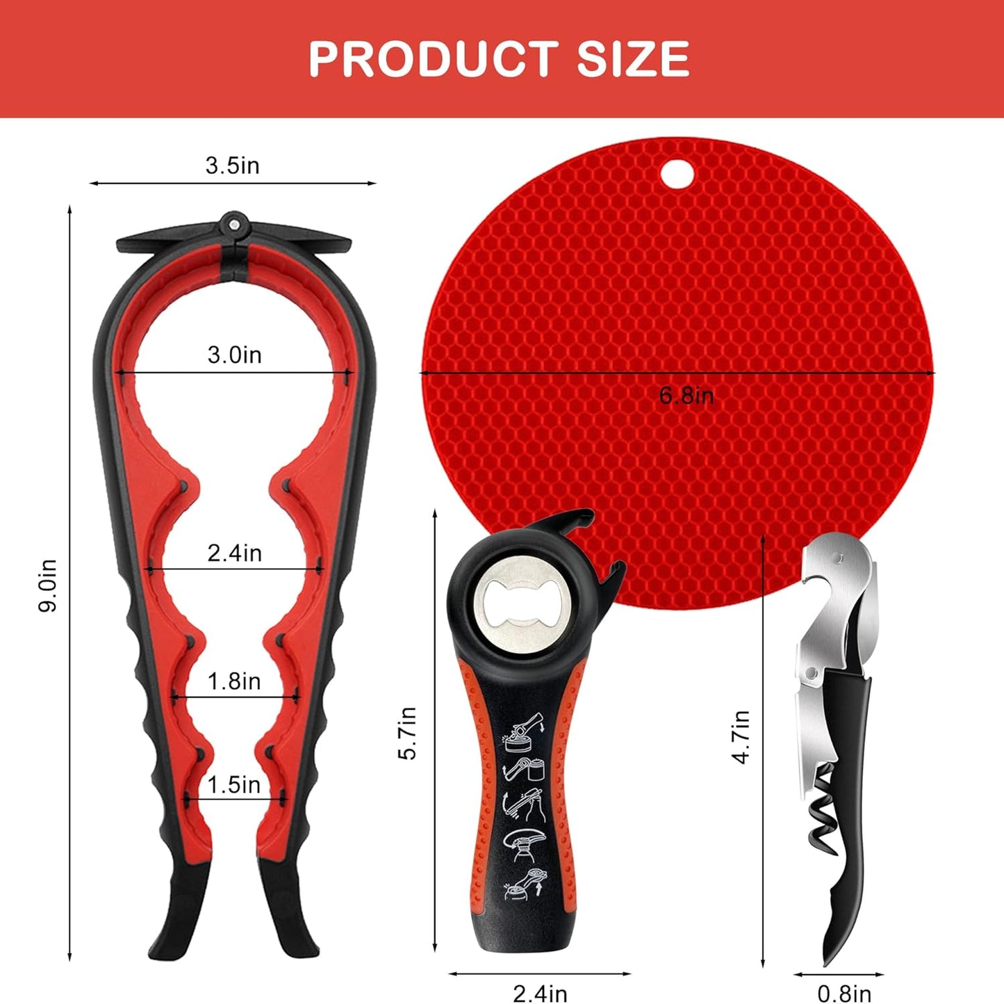 Skiennix Jar Opener - 5-in-1 Multi-Function Tool for Arthritis Relief | Non-Slip Grip & Corkscrew (Red)