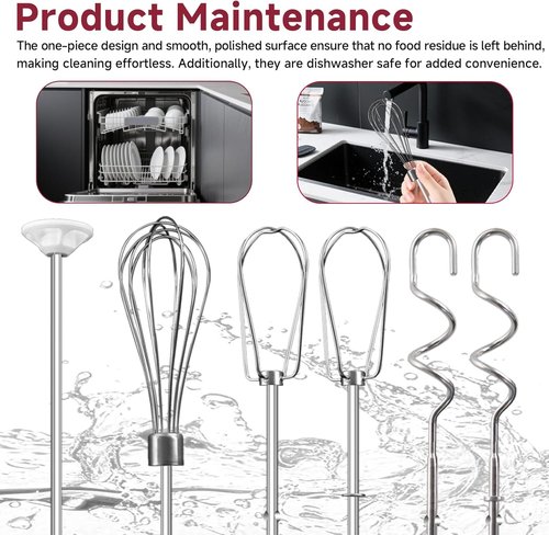 Kitchenaid Hand Mixer Attachments - Stainless Steel Beater Set with Whisk, Mixing Rod & Dough Hook | 6-Piece Set